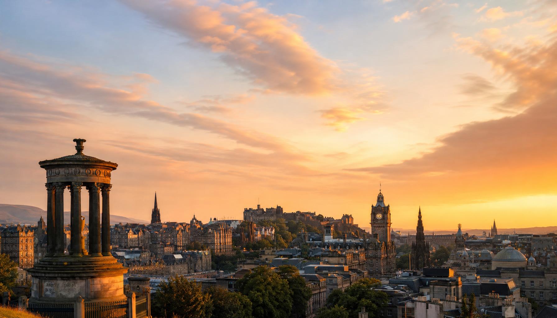 Calton Hill skyline at golden hour with the Dugald Stewart Monument and open sky above Edinburgh