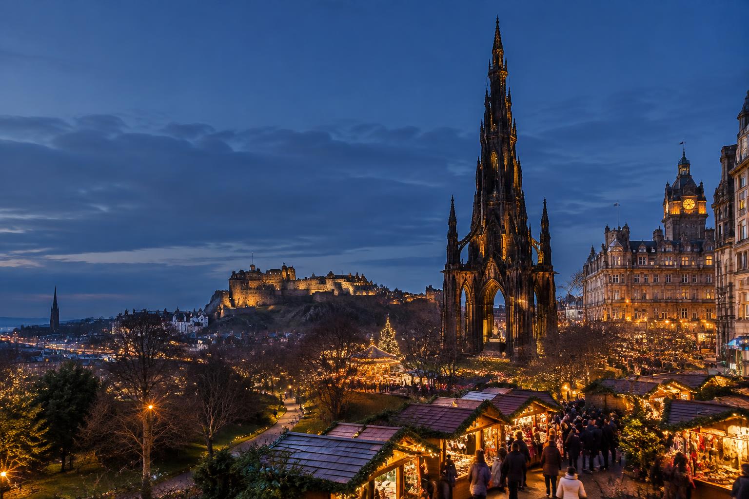Festive lights and Christmas market beneath Edinburgh's Scott Monument