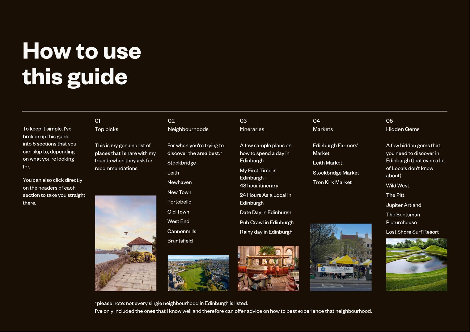 Contents page showing the six sections of the guide